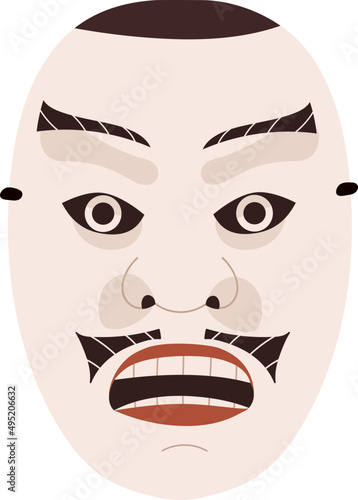 Japanese Folk Noh Mask Cartoon Colored Illustration