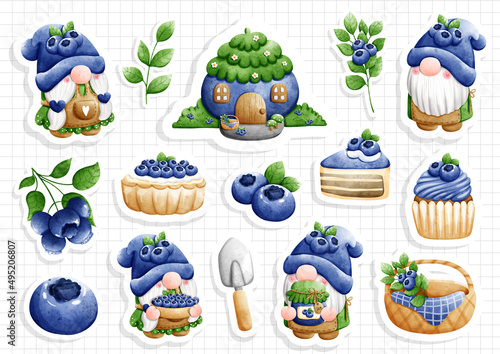 blueberry gnome sticker, vector illustration