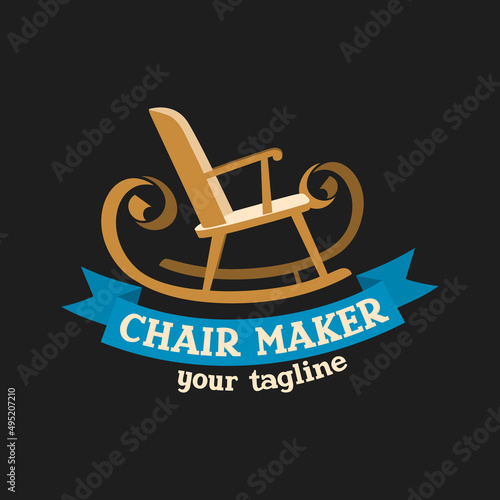 Chair Maker logo template. Emblem with a rocking chair with wooden chips. Stock vector illustration for woodwork shop or carpentry.