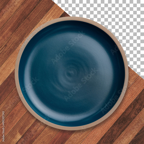 Colored empty ceramic plate isolated on wooden transparent background.