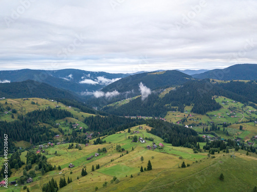 Ukrainian Carpathians mountains on a summer morning. Aerial drone view.