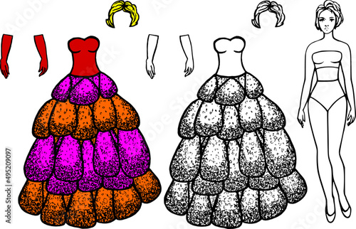 Sketch of a puffy ball gown with tinsel. Dress for a painted doll. Fashion clothes, wig, gloves, accessories