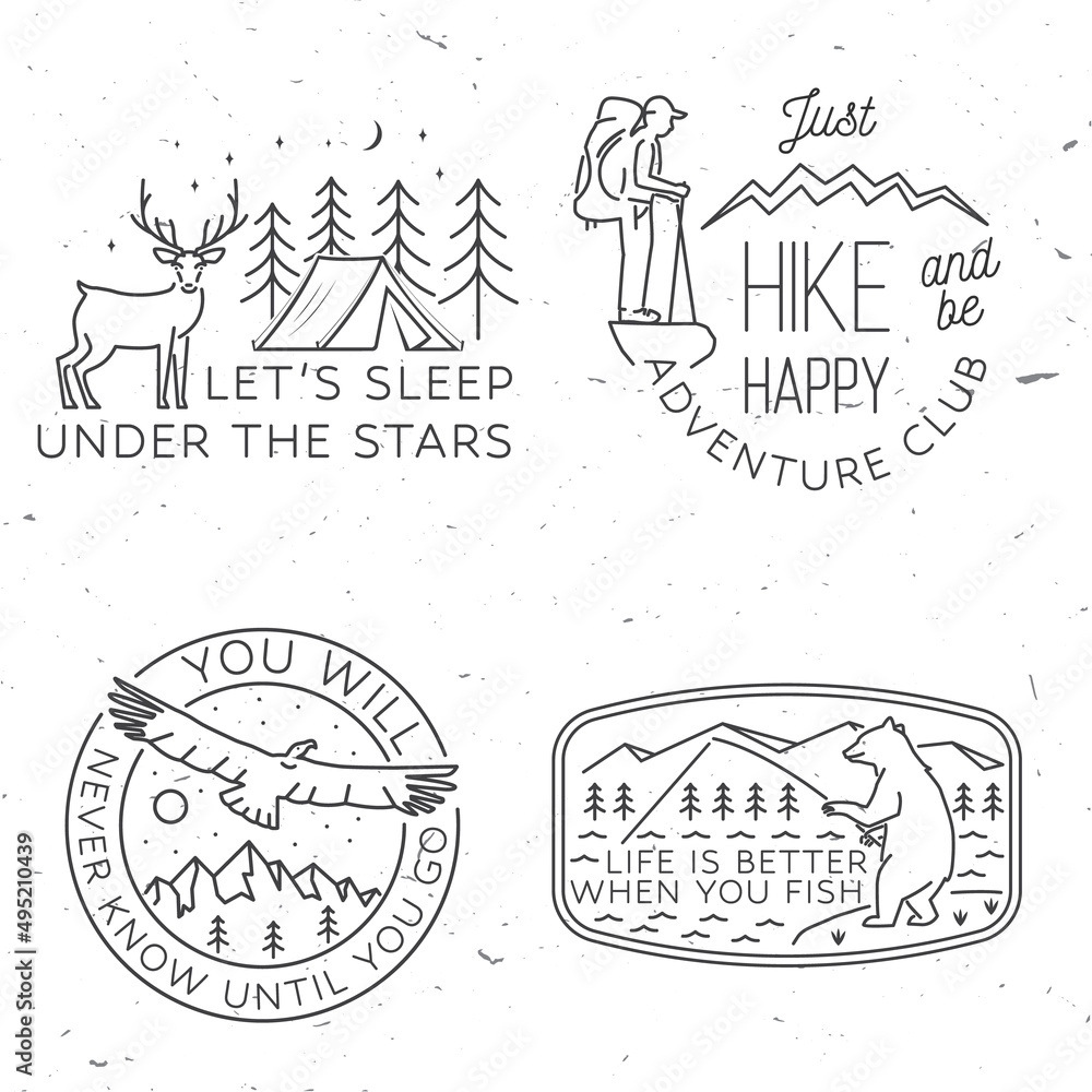 Set of camping badges, patches. Vector. Concept for shirt or logo, print, stamp or tee. Vintage line art design with camper tent, hiker, fishing bear and mountain. Summer camp.