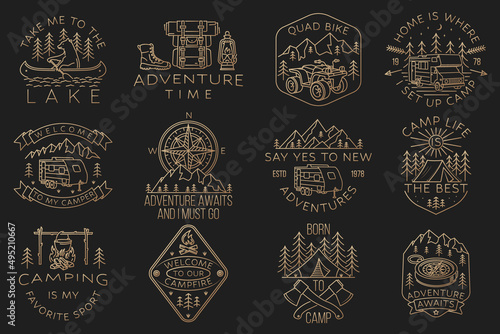Set of camping badges, patches. Vector illustration. Concept for shirt or logo, print, stamp or tee. Vintage line art design with bear in canoe, lake and forest.