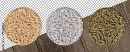 Set colored Round woven straw mats isolated against transparent background. photo