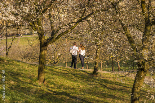 Prague in the spring time, Petrin hill, romantic walk, people in love, Seminar garden in Prague