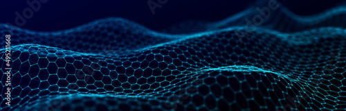 Futuristic blue hexagon dynamic wave. Futuristic honeycomb concept. Digital technology web flow. Big data visualization. 3D rendering. © Vitalii
