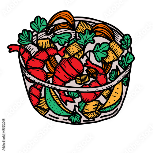 Mexican food Shrimp ceviche. Hand drawn  vector illustration in doodle style.