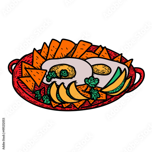 Mexican food Chilaquiles. Hand drawn  vector illustration in doodle style.