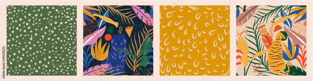 Set of Vector seamless pattern with leopards and tropical leaves. Trendy style. Set of Vector seamless pattern with leopards and tropical leaves. Trendy style.
