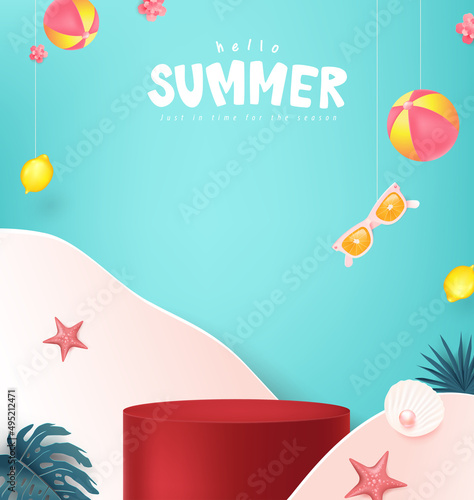 Colorful Summer sale banner with tropical product display cylindrical shape