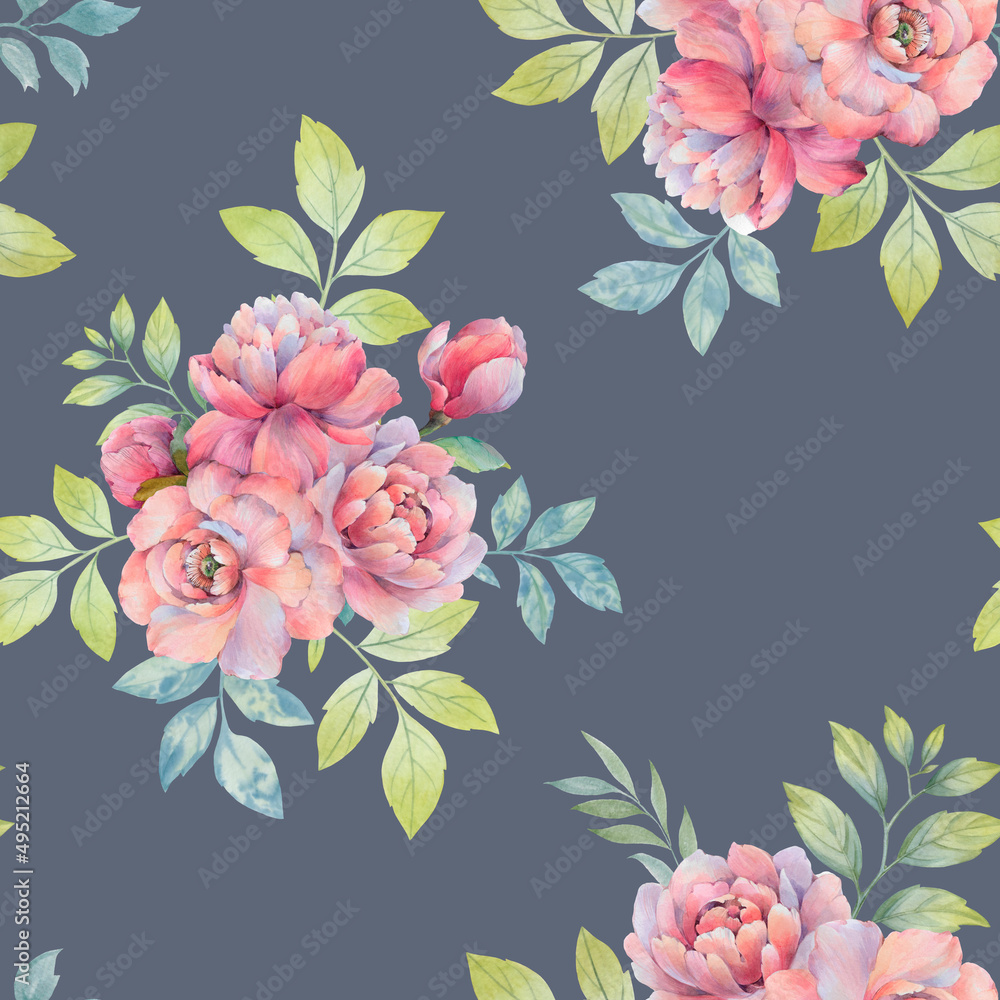 Seamless botanical ornament. Watercolor peony flowers collected in a seamless pattern. Elegant bouquet of peony flowers with leaves on a delicate background.