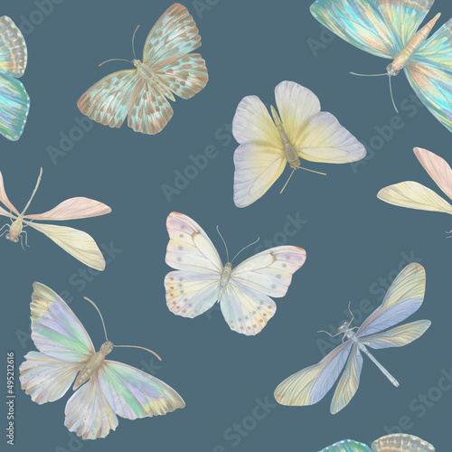 Delicate watercolor butterflies for design. Seamless botanical pattern. Abstract pattern of butterflies on colored paper for print, textile, wallpaper, scrapbooking © Sergei