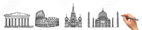 Woman drawing famous monuments, trip idea concept, vector illustration