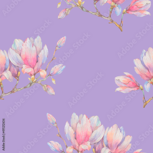 Seamless pattern of magnolia flowers. Watercolor illustration for design, ready-made seamless background with delicate flowers. botanical pattern