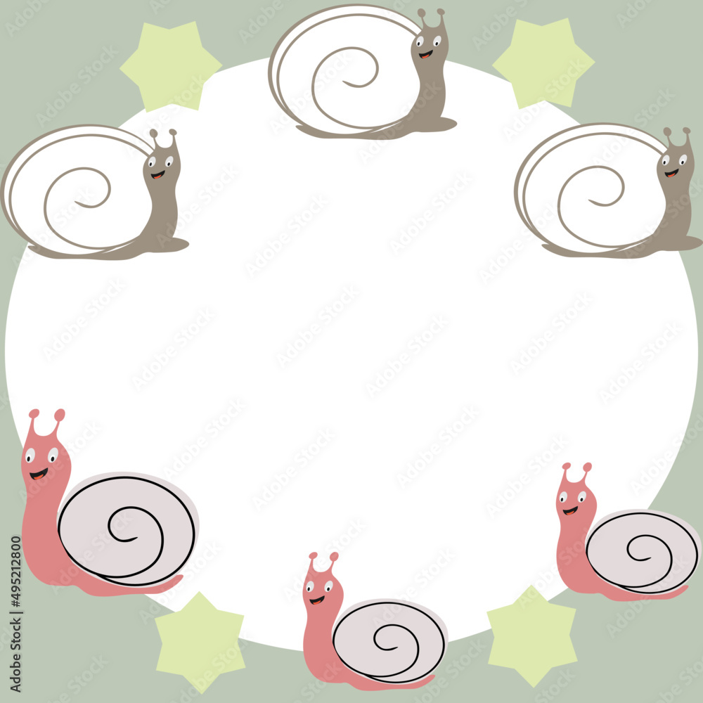 Small and large snails in a flower frame. Background. Cute cartoon ...