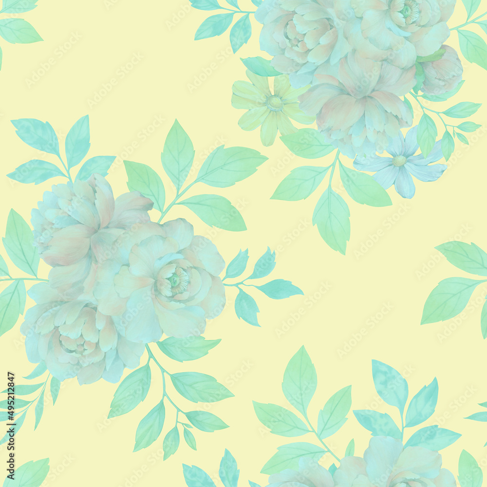 Wallpaper for design, printing, packaging. Abstract bouquet of flowers. Seamless botanical pattern of peony flowers with leaves on a bright background.