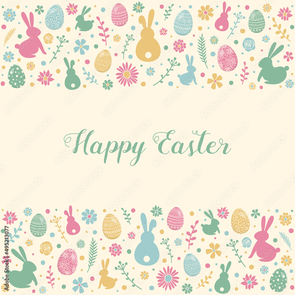Colourful Easter greeting card with decorative eggs, bunnies and flowers. Vector Colourful Easter greeting card with decorative eggs, bunnies and flowers. Vector