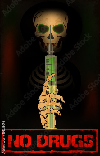 No drugs background, death holding a drug syringe , vector illustration
