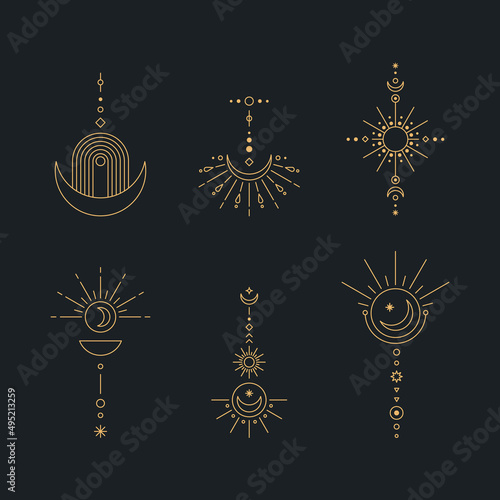 Set of moon and sun line art. Minimal boho linear symbols. Celestial mystic element. Vector line art illustration.