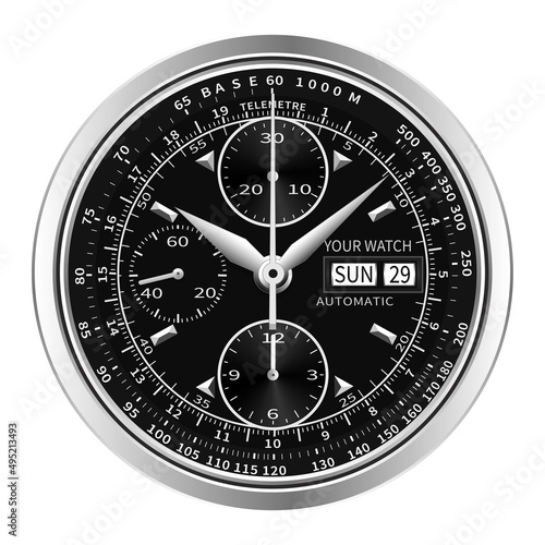 Realistic black silver clock watch face chronograph luxury on white background vector