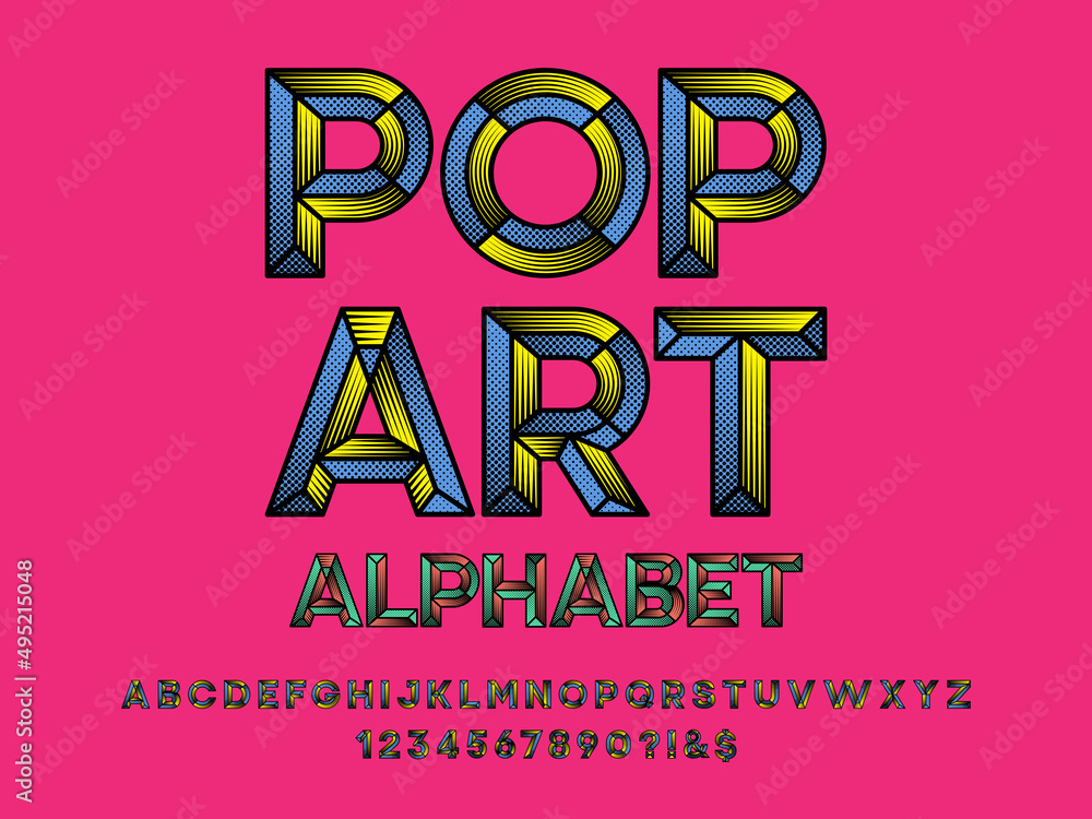 Chisel pop art style alphabet design with uppercase, number and symbols - obrazy, fototapety, plakaty 