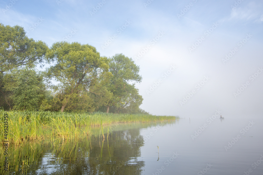 Fototapeta premium Mystical landscape. Fog in the early morning on the river. The trees near the water are illuminated by the rays of the rising sun.
