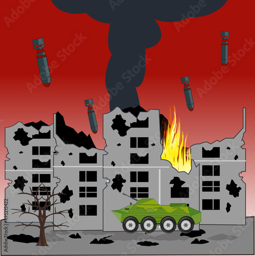 Bombs falling on ruined war city and flame of the fire