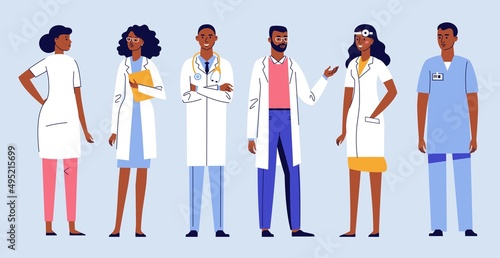 Medicine team concept with different african american ethnic doctors in hospital