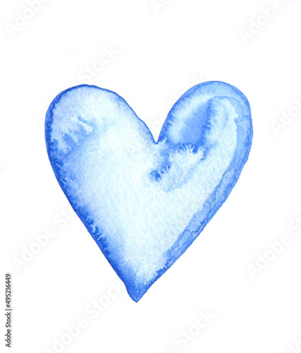 Watercolor painted blue heart. Love symbol. 