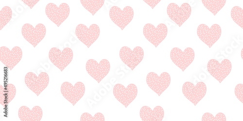 Pink white background with hearts and dots, seamless pattern, vector drawing horizontal
