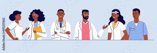 Medicine team concept with different black doctors in hospital.