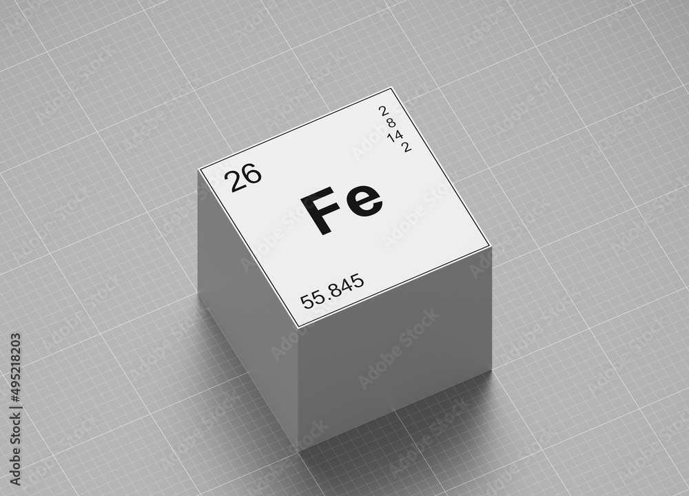 Iron, element symbol from periodic table on white cube on milimeter