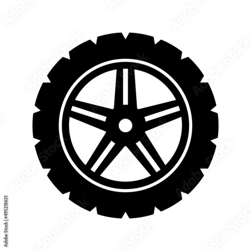 Tire icon. Vector illustration of tyre with thick tread. Car wheel with rim isolated on white background. Off road, all terrain rubber.