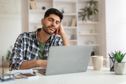 Photos Exhausted Young Man Sleeping At Work Sitting At Desk