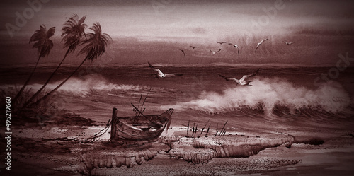    sepia ,  Watercolor painting art class , sea ,wave ,birds, boat      © Kwang Gallery