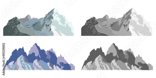 Set of mountains different formy on white background. Vector illustration of mountains for logo with harp tops, gorges and steep slopes in cartoon style.