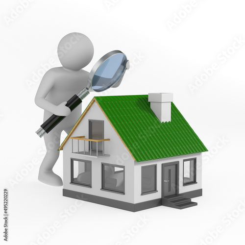 man with magnifier and house on white background. Isolated 3D illustration