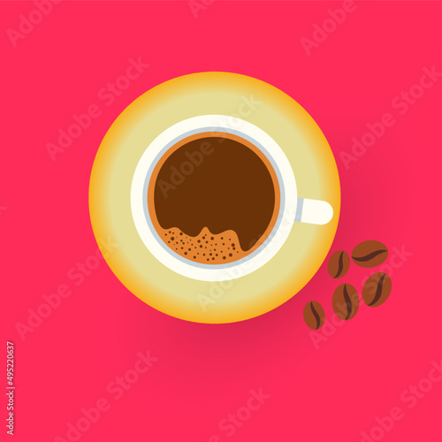 coffee cup and coffee beans. top view.