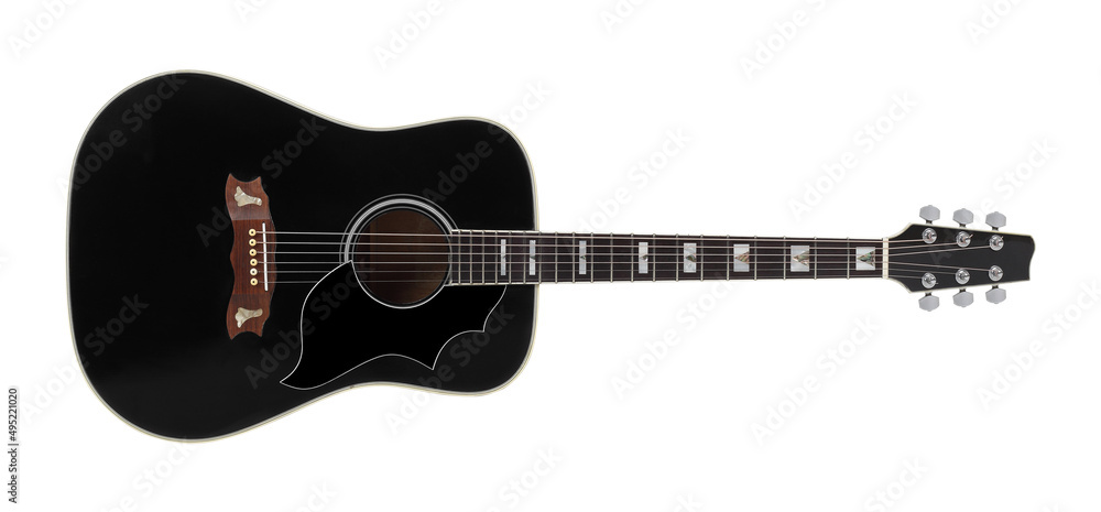 Obraz premium Musical instrument - Front view black vintage acoustic guitar. Isolated