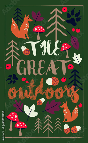 Vector illustration on the theme "The great outdoor". Can be used for baby t-shirt print, fashion print design, kids wear, baby shower, celebration, greeting and invitation.