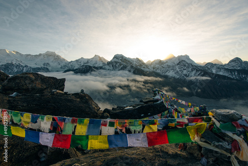 Buddhist prayer flags in the Himalaya mountains, gokio ri, in Nepal photo