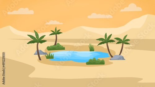 Fototapeta Naklejka Na Ścianę i Meble -  Landscape oasis desert illustration background with palm trees and clouds 