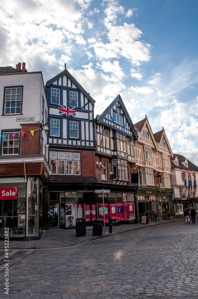Streets and old beautiful houses in the town of Canterbury in the south of England.