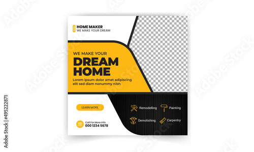 Construction and renovation business social media post template, Construction Flyer Template. Construction Brochure Cover
