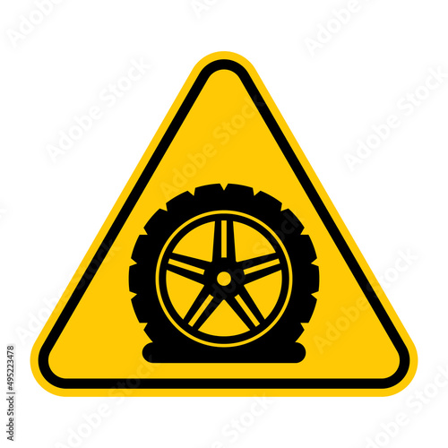 Flat tire warning sign. Vector illustration of yellow triangle sign with flat tyre icon inside. Risk of damage car wheel and rim. Punctured rubber caution.