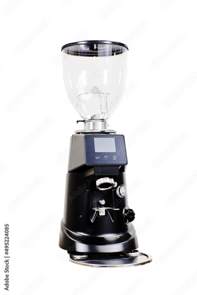 new clean empty automatic coffee grinder with black color display on a pure white background new clean empty automatic coffee grinder with black color display on a pure white background
