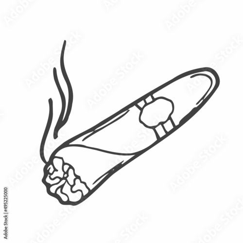 Doodle hand drawn Cartoon lit cigar with smoke. Isolated on white background. Vector icon doodle
