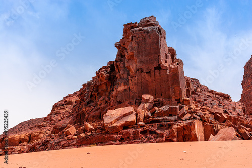 Sands and mountains of Wadi Rum desert in Jordan, beautiful daytime landscape