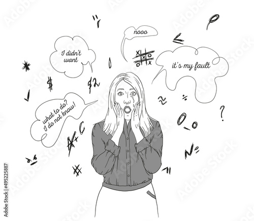 Fingers and fists pointing on a girl. Shame, victim and social issues concept. Modern hand-drawn cartoony vector illustration. Disapproved unhappy blonde girl holding book.